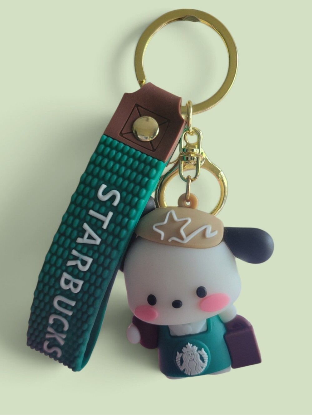 Starbucks Teal Strap Pochacco Barista Keychain with Gold Hardware